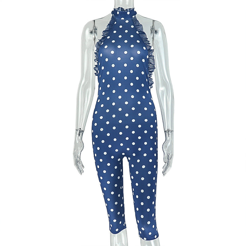 Women Clothing Waist Trimming Polka Dot Backless Jumpsuit Halter Sleeveless Sports Long Jumpsuit