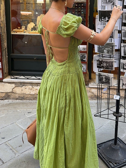 Women Summer Sexy Puff Short Sleeve Square Collar Vacation Backless Dress Women Summer Long Skirt Seaside Atmosphere Dress
