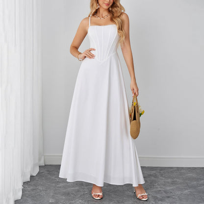 Summer Cami Dress Sexy Backless Lace up Waist Slimming Boning Corset Maxi Dress