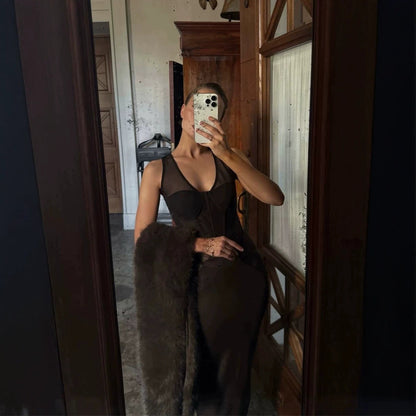 Black Mesh Stitching See through Sleeveless Sheath Dress Sexy Waist Trimming Slim Dress