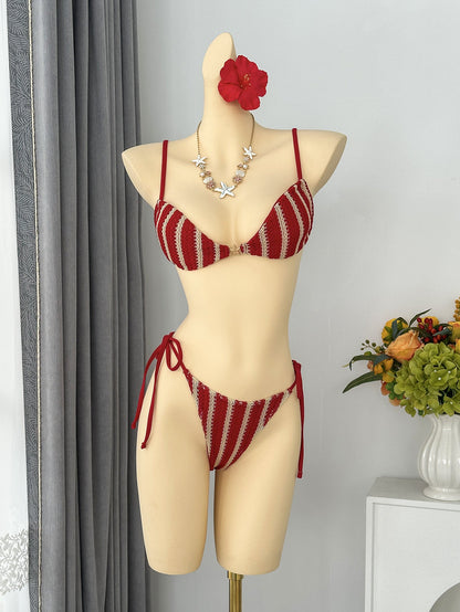 Sexy Striped Halter Lace up Beach Vacation Tube Top Bikini Split Swimsuit Bikin