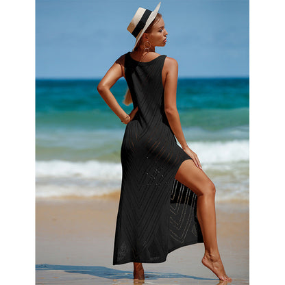 Travel Vacation Sexy Backless V neck Solid Color Breathable Knitted Maxi Dress Beach Sun Protection Blouse Crochet hook