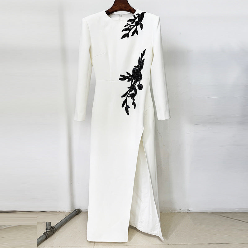 Dress Embroidered Beads Beaded Floral Long Sleeve Split Maxi Dress