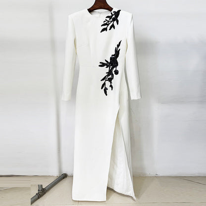Dress Embroidered Beads Beaded Floral Long Sleeve Split Maxi Dress