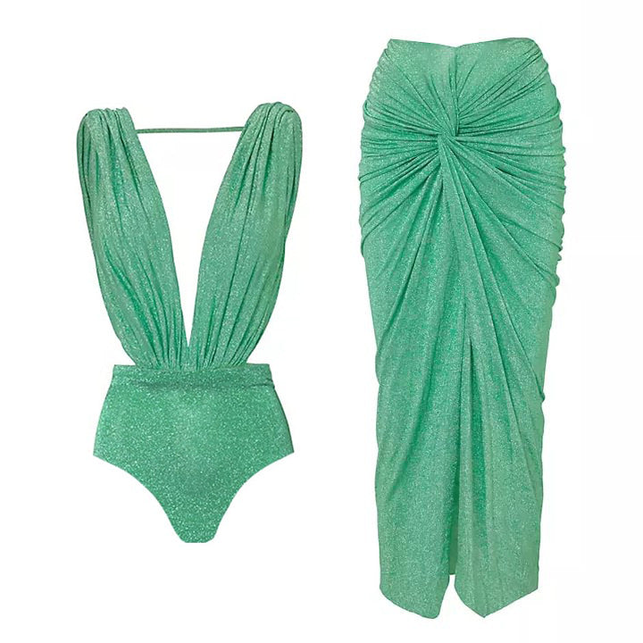 Solid Color Advanced Halter Shiny Surface One Piece Swimsuit Women