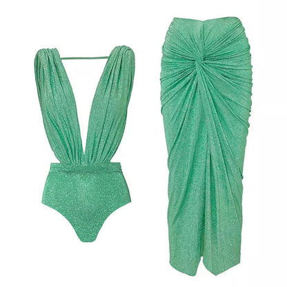 Solid Color Advanced Halter Shiny Surface One Piece Swimsuit Women