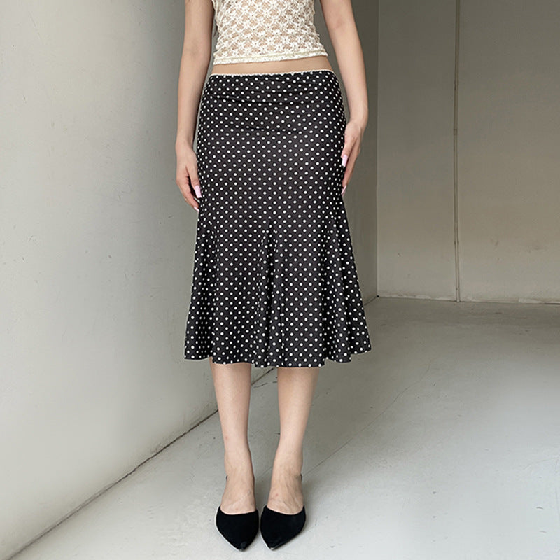 Summer French Mid Length Printed Polka Dot Skirt Retro Hip Wrapped Fishtail Skirt