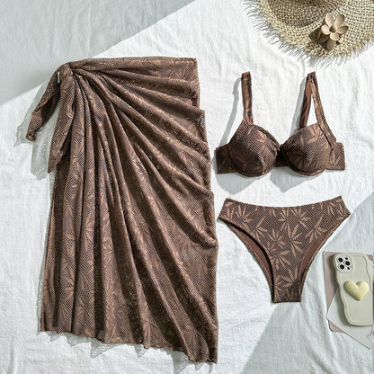 Wave Vacation Beach Hollow Out Cutout Lace Swimsuit Three Piece Swimsuit Bikini