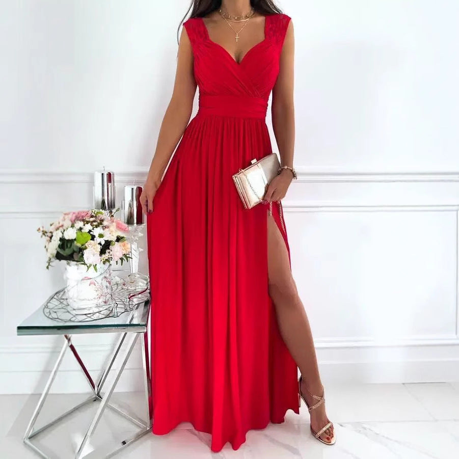 Women Clothing Sleeveless Backless Solid Color Wide Hem Split Women Clothing Dress