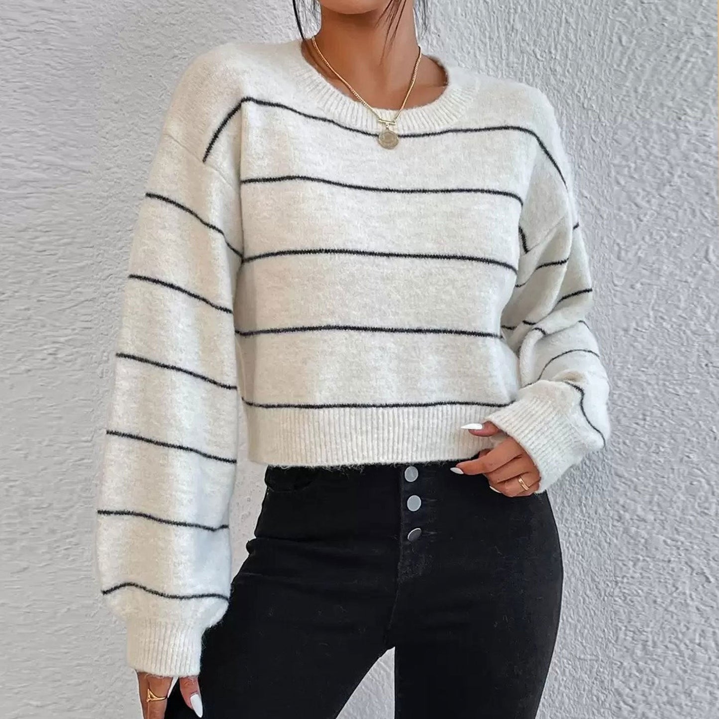 Women Clothing Alpaca Fleece Fiber Soft Glutinous Sweater Striped Lazy Casual Pullover Knitwear Top Women