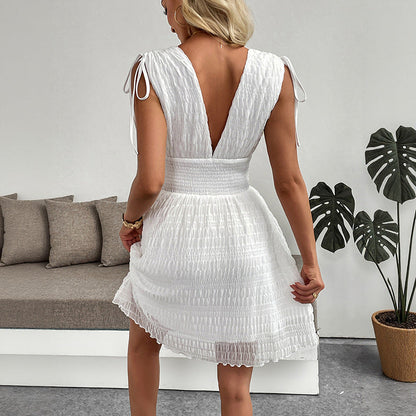 Summer Fresh Holiday Short Dress V neck with Shoulder Straps White Dress