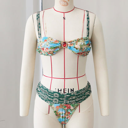 Vintage Floral Tube Top Pleating T Shaped Triangle Bikini Sexy Split Swimsuit Women