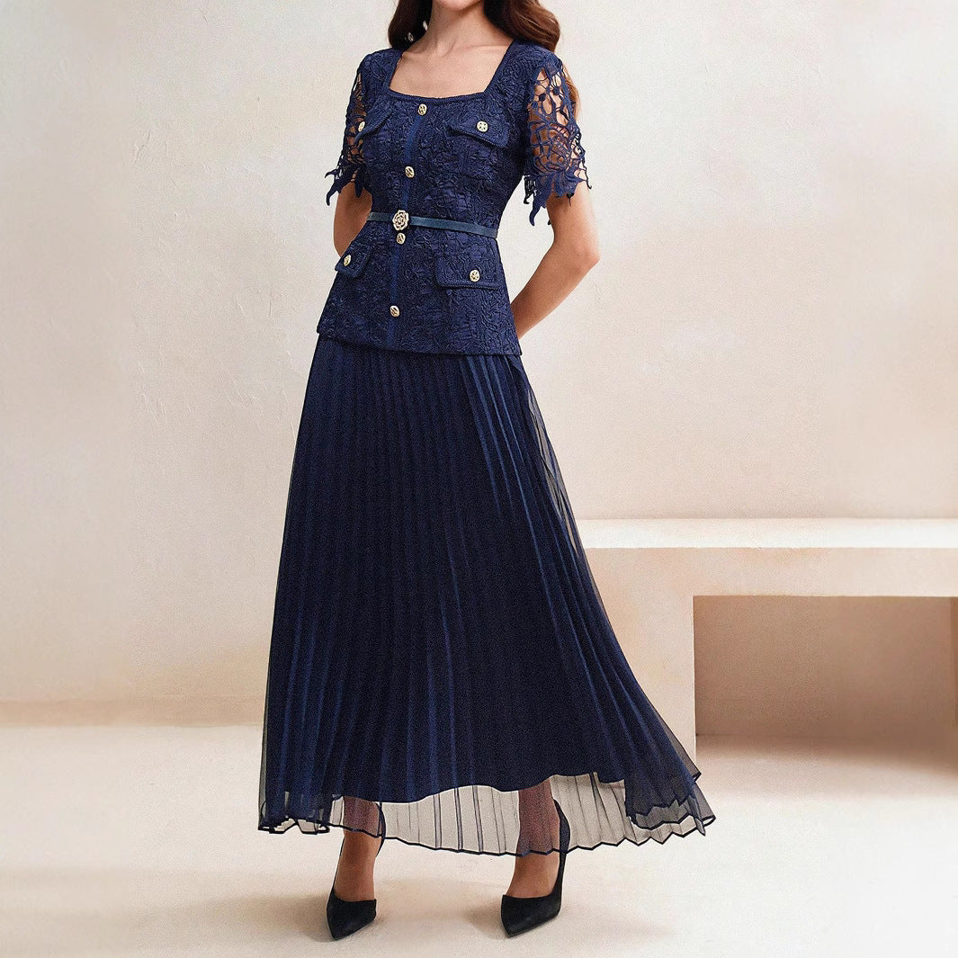 Summer Short Sleeve Dress Women High Grade Heavy Industry Beads Metal Buckle Square Collar Lace Stitching