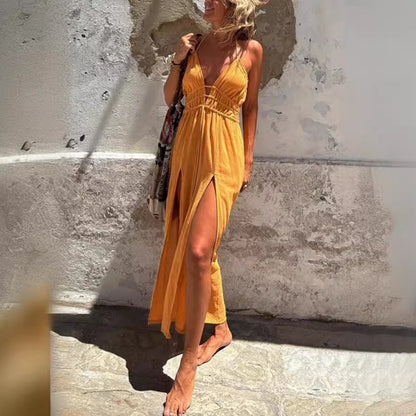 Sexy Sling Solid Color Hem Double Slit Dress