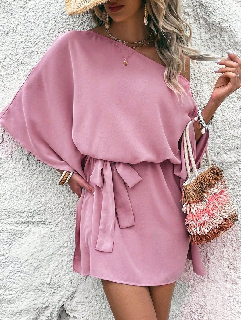 Women Clothing Satin off Shoulder Satin Dress Asymmetric High Waist Dress