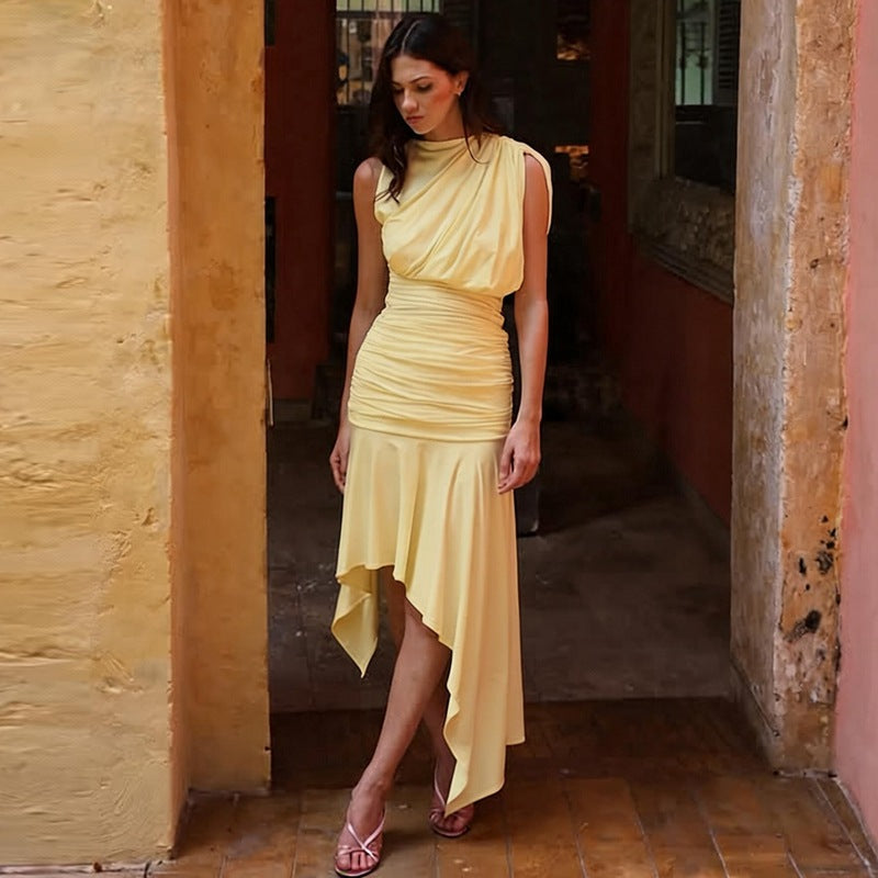 Women Clothing Summer Sleeveless Pleated Waist Tight Slimming Irregular Asymmetric Dress