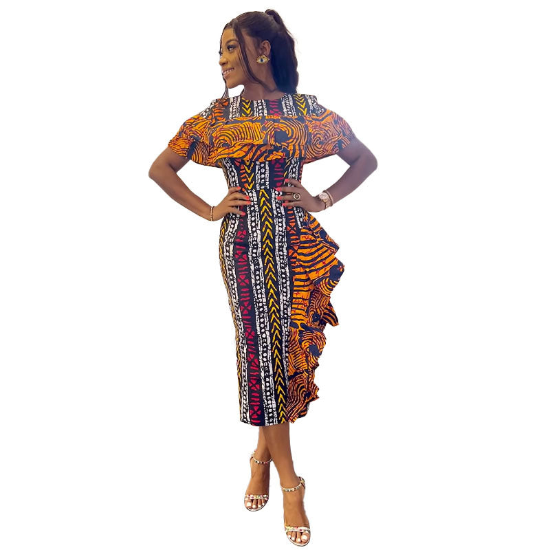 Elegant Printing Tree Fungus like Lacework Contrast Color Slim Fit Back Slit Dress