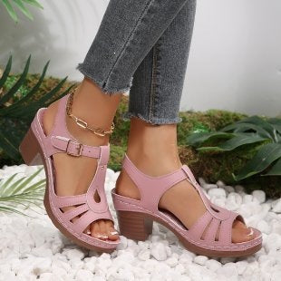 Wedge Open Toe Peep Toe Sandals Women Chunky Heel Buckle Hollow Out Cutout out Beach Slippers