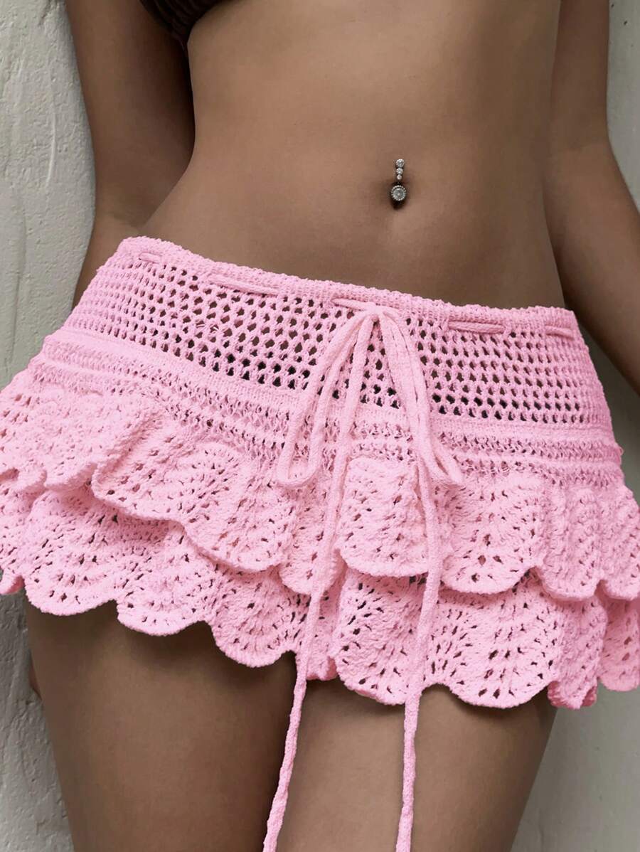 Solid Color Sexy Knitted Hollow Out Cutout Beach Cover up Bikini Swimsuit Skirt for Women