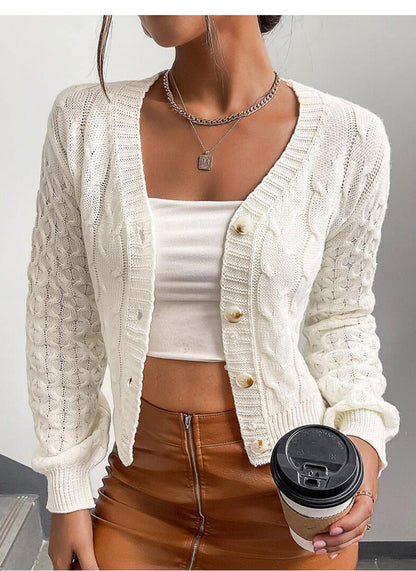 White V neck Twist Knitted Cardigan Women Long Sleeve Slim Fit Slimming Sweater Coat