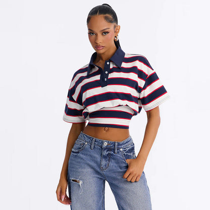 Women Clothing Retro Slimming Color Blocking Spicy Girl Striped All Matching Collared Polo Shirt Top