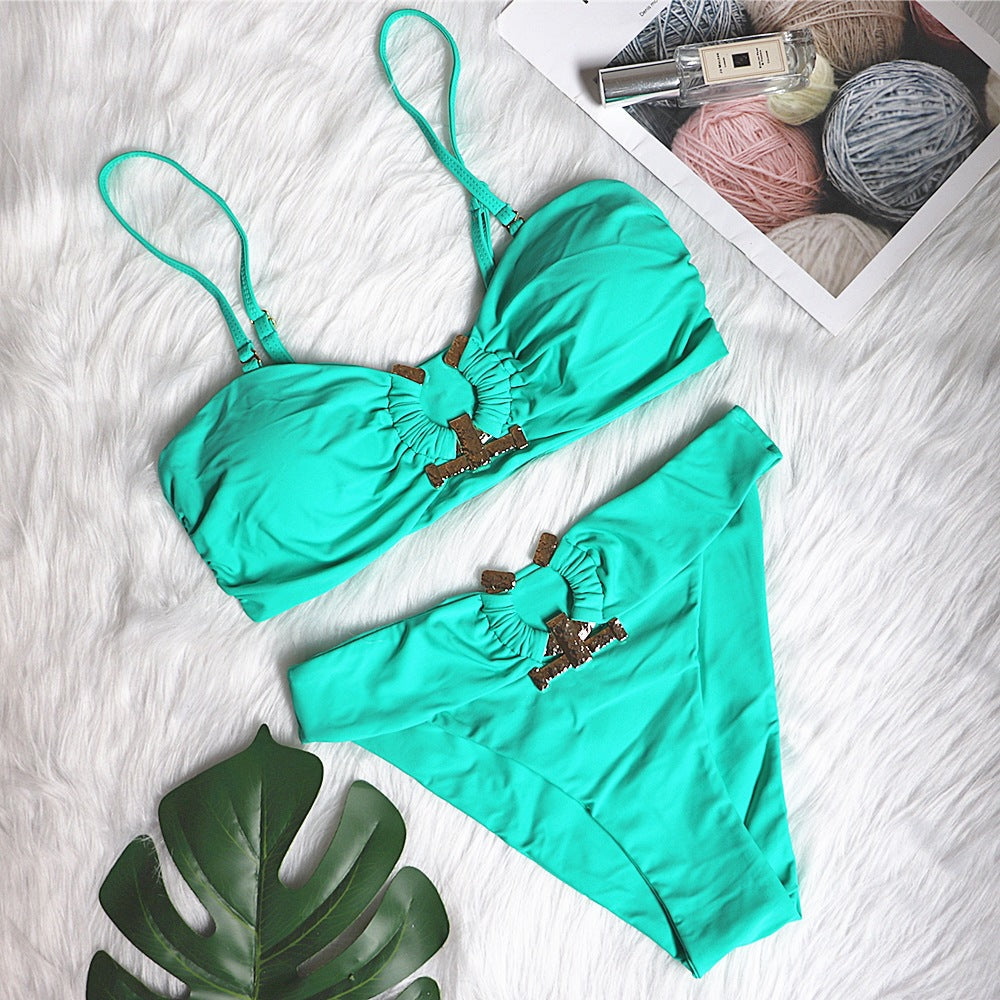 Sexy Swimsuit Metal Accessories Hollow Out Cutout Bikini Solid Color Tube-Top High Waist Women Swimwear