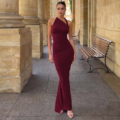 Slim Fit Maxi Dress Summer Solid Color Halter Pleated Sexy Backless Dress