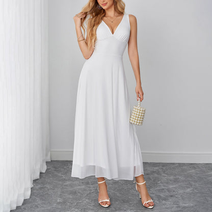 Dignified Goddess Mesh Camisole Dress Sexy V neck Backless Waist Trimming Slimming Dress