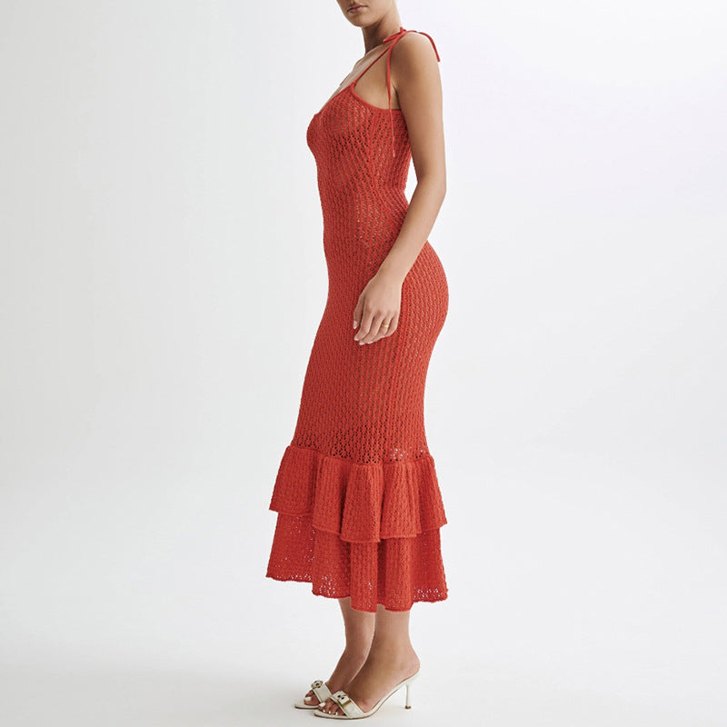 Summer Knit Halter Dress Hollow Out Cutout Seaside Holiday Beach Flounce Long Dress Women Overall Hip
