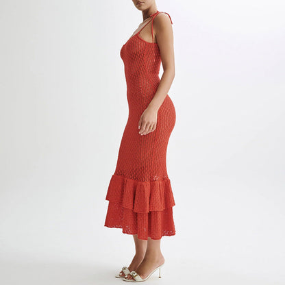 Summer Knit Halter Dress Hollow Out Cutout Seaside Holiday Beach Flounce Long Dress Women Overall Hip