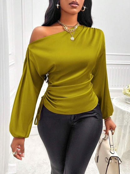 Women Clothes Satin Shirt Autumn Winter Asymmetric Long Sleeve Diagonal Collar Shirt Top