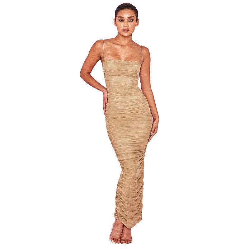 Women Clothing Sleeveless Split Tight Mid Length Women Adult Pleated Dress