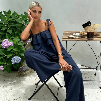 Ruffled Spaghetti Straps Wide Leg Pants Set Women Lace up Waist Controlled Slimming Vacation Two Piece Set