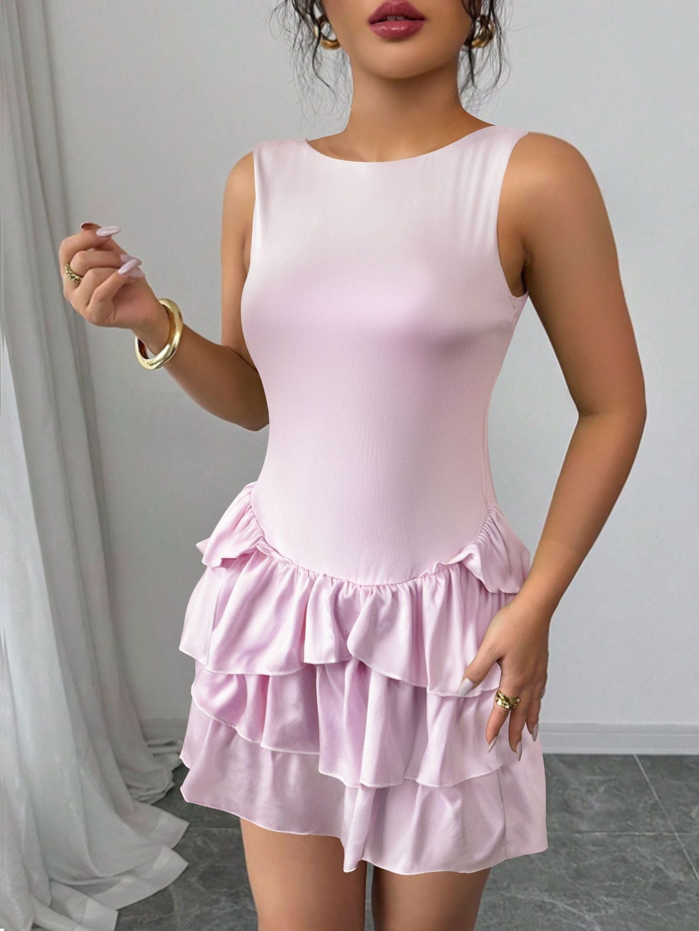 Summer Sleeveless round Neck Dress Sexy Lace up Slim Slimming Elegant Cake Dress