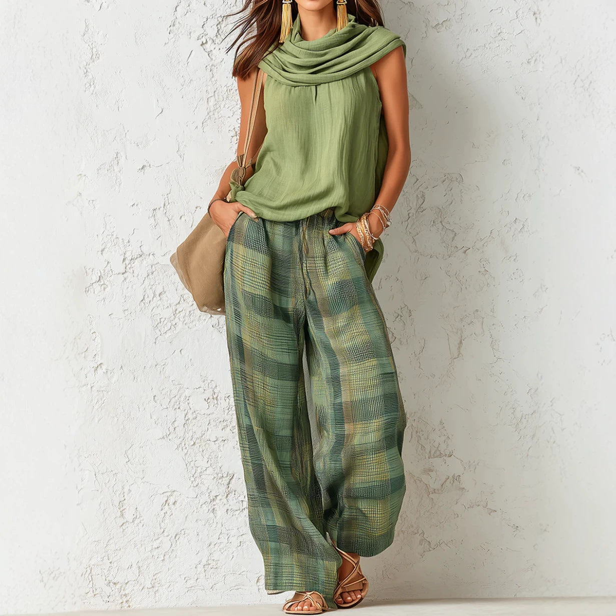 Women Retro Casual Sleeveless Top Plaid Pants Two Piece Sets