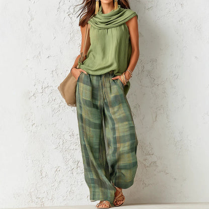 Women Retro Casual Sleeveless Top Plaid Pants Two Piece Sets