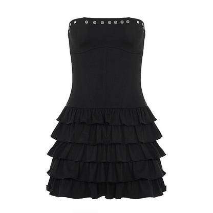 Summer Sexy Solid Color Eyelet Tube Top Tiered Dress Cinched Sleeveless Pettiskirt Short Dress