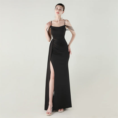 Bandeau Sling Satin Craft Beaded Chain Fishtail Evening Dress Dinner Wedding Ball