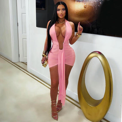 Women Clothing Summer Solid Color Casual Sleeveless Deep V Plunge Ribbon Halter Lace up Short Dress