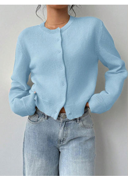 Fashionable Knitted Cardigan Women round Neck Long Sleeve Solid Color Sweater Spring Slim Fit Top