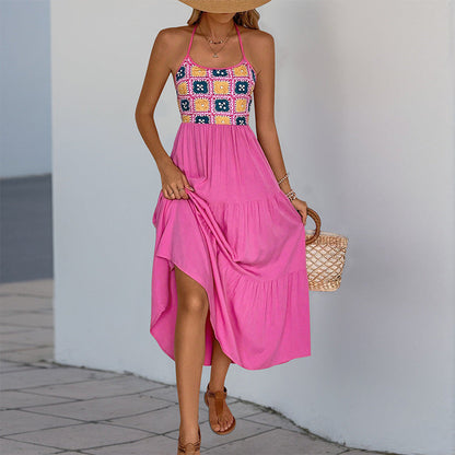 Sweet Spicy Sleeveless Halterneck Dress Women Clothing Backless Vacation Rose Printing Dress