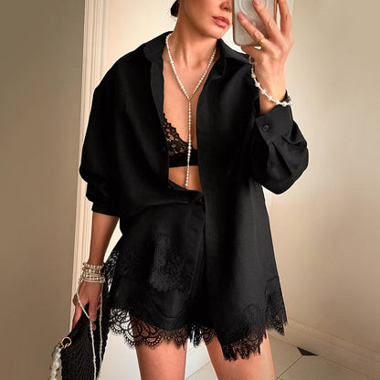 Retro Design Women Long Sleeve Collared Lace Stitching Shirt Shorts Casual Two Piece Sets