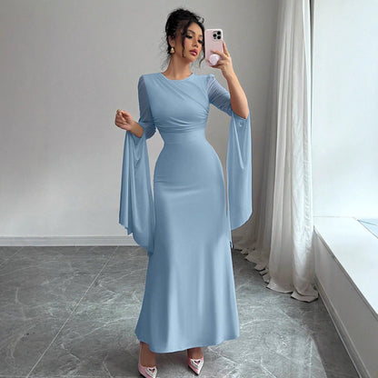 Spring Stitching Mesh Large Swing Sleeves Sexy Slim Fit Fishtail Dress