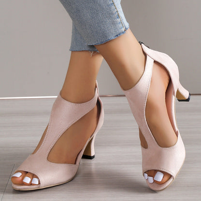 Chunky Heel Suede Fish Mouth Hollowed Sandals Women One Word Bag Heel Open Toed Roman Sandals