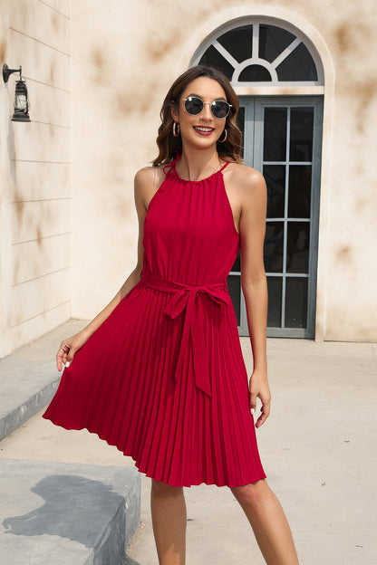 Spring Summer Women Clothing Solid Color Waist Tight Cami Dress Party Party Dress V neck Sleeveless Hem Dress