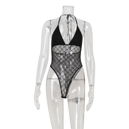 Sexy Grid See through Low Cut Sexy Slim Fit Triangle Strap Jumpsuit Inner Wear Blouse