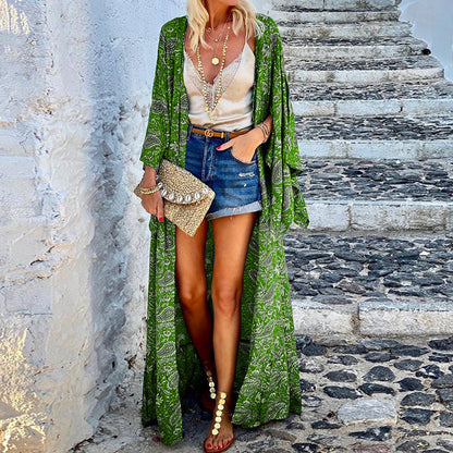Women Clothing Printed Loose Long Sleeves Mid-Length Beach Bohemian Cardigan
