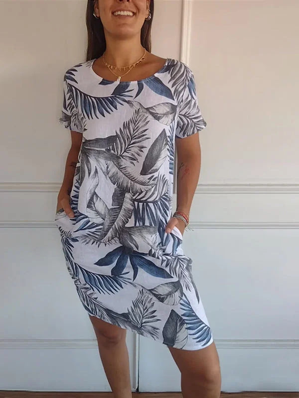 Women Clothing Summer Cotton Linen round Neck Printed with Pocket