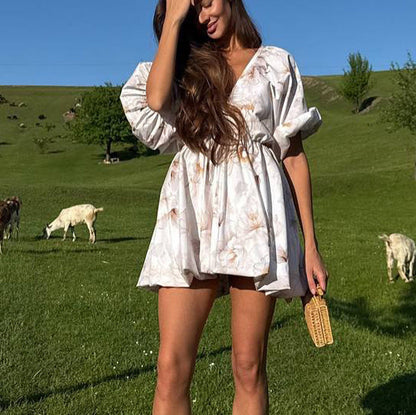 Printed Dress for Women Summer Sexy Backless V neck Puff Sleeve Tied High Waist A line Dress