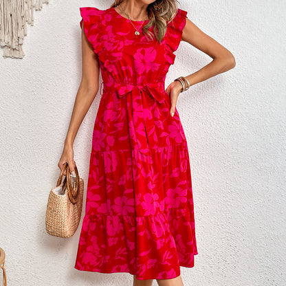 Summer Printed round Neck Ruffled Short Sleeve One Piece Dress for Women